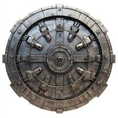 Fototapeta premium Bank vault door clipart, security element, metallic finish, industrial style, isolated on white background 