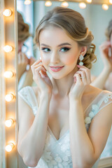 Fototapeta premium A woman in a stylish dress and makeup stands in front of a mirror, putting on earrings as she gets ready for a night out