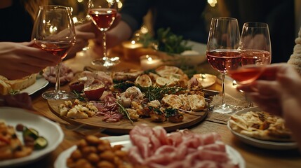 Naklejka premium Friends enjoying a romantic supper complete with rose wine and a variety of canapés.