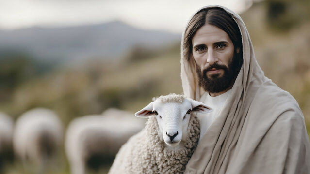 Jesus Christus als guter Hirte h&auml;lt ein verlorenes Schaf liebevoll in den Armen, Herde auf einer Wiese im unscharfen Hintergrund, symbolisch f&uuml;r Mitgef&uuml;hl und F&uuml;rsorge