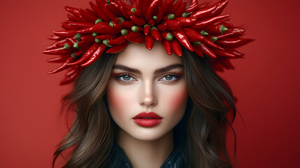 Woman wearing a blue shirt with red peppers on her head