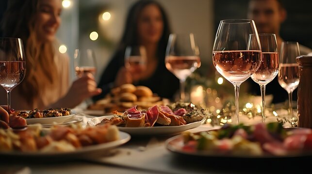 Friends enjoying a romantic supper complete with rose wine and a variety of canapés.