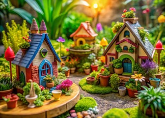 Naklejka premium Transform your playroom with a whimsical fairy garden corner adorned with colorful artificial plants and charming