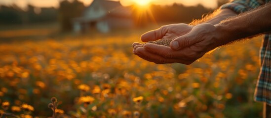 Farmer's hands holding seeds with a sunset background and a barn in the distance.