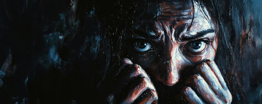 Woman's anxiety and paranoia due to schizophrenia captured in a dark portrait.