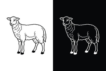 Minimalist Line Icon of Grazing Domestic Cattle. Sheep, Lamb, and Goat for Fur and Milk. Vector Illustration