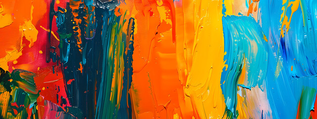 Fototapeta premium Vibrant abstract painting featuring bold strokes of orange, blue, and green, creating a lively and energetic visual experience.