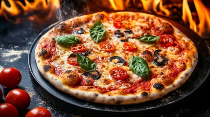 An oven with a wood fire is used to prepare Italian pizza.