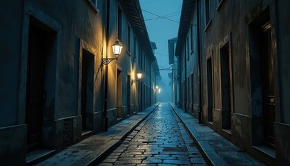 Obraz premium Dark alley with empty windows and flickering street lamps casting unsettling shadows over cracked stone cobblestones in the cold night.