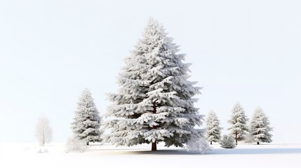 Obraz premium A pine tree with snow, winter forest tree, hyper-realistic 3D rendering, frosty branches, isolated on white background 