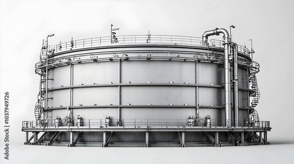 Wall mural massive metallic oil storage tank with industrial piping on clear background