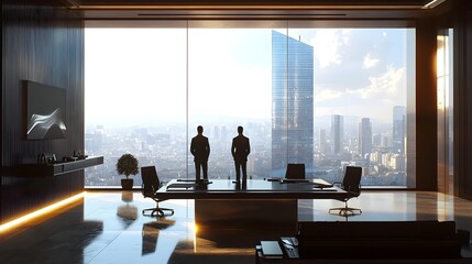 Fototapeta premium Elite Business Professionals Discussing Strategy in Bright,Modern Office Space with Cityscape View