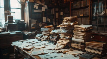 Fototapeta premium Old fashioned messy office desk covered in paperwork suggesting bankruptcy