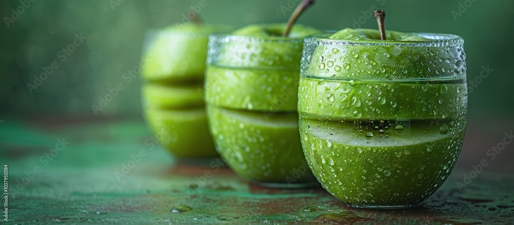 Poster Green apples in glasses of water with water droplets on the surface.