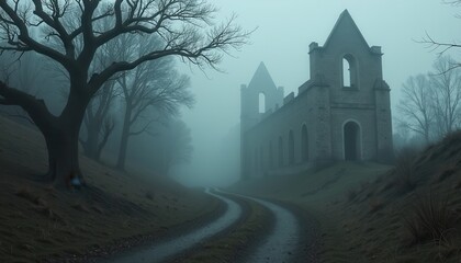 Fog-shrouded path between crumbling ruins and dark twisted trees where shadows seem to move and eyes watch from the depths of the mist.