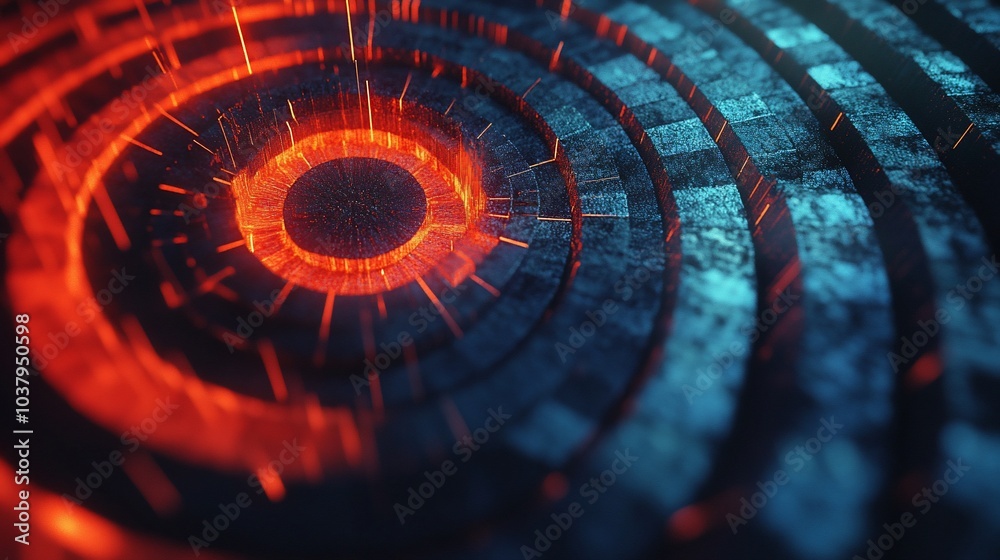 Poster Abstract circular pattern with glowing red and blue energy lines.