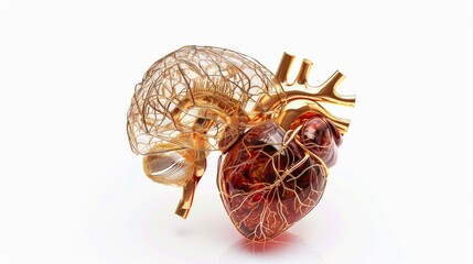 a human brain and heart, with golden filaments interweaving them