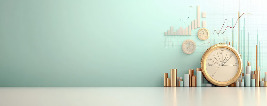 A minimalistic financial concept with bar charts, line graphs, and an elegant clock, symbolizing time and growth against a soft green background. - Powered by Adobe