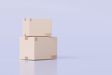 Obraz premium 3D Cardboard box package transport order icon .3D Minimal stack parcel box icon on isolated purple background. Logistics shipment and Online delivery service Concept. 3d render.