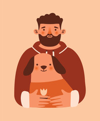 Young man owner of dog hugging this cute dog. Care about pet. Adopt don't shop. Naive illustration with male person and domestic animal. Cartoon clip art for card, banner, sticker. Kawaii charcters.
