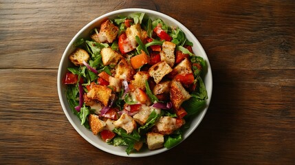 Salad panzanella on a wooden surface

