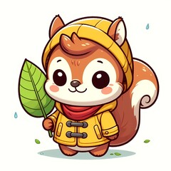 Fototapeta premium Cute Squirrel Wearing Raincoat And Holding Leaf Cartoon Vector Icon Illustration