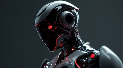 Fototapeta premium Futuristic metallic robot with glowing red eyes, standing against a dark industrial background,