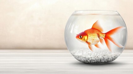 A vibrant goldfish swimming in a clear bowl, surrounded by smooth pebbles on a wooden surface, adding charm to any decor.