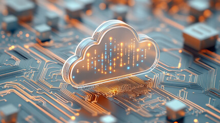 A cloud-shaped hologram displaying data is hovering over a circuit board, symbolizing cloud computing technology and digital data transfer connections.