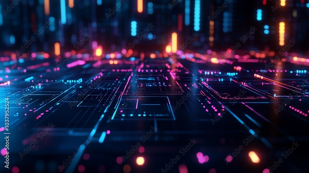 Poster Abstract futuristic circuit board with glowing lines and data streams in blue, pink and orange colors.