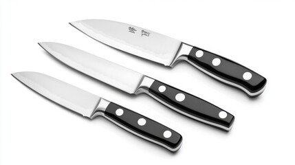 Fototapeta premium Knife set on a white background featuring three sharp blades. Generative AI