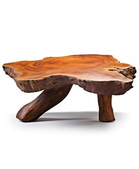 A rustic live edge wooden coffee table, natural finish, organic shape, isolated on white background 