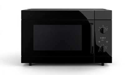 Fototapeta premium Modern black microwave oven on a white background front view with control dials. Generative AI