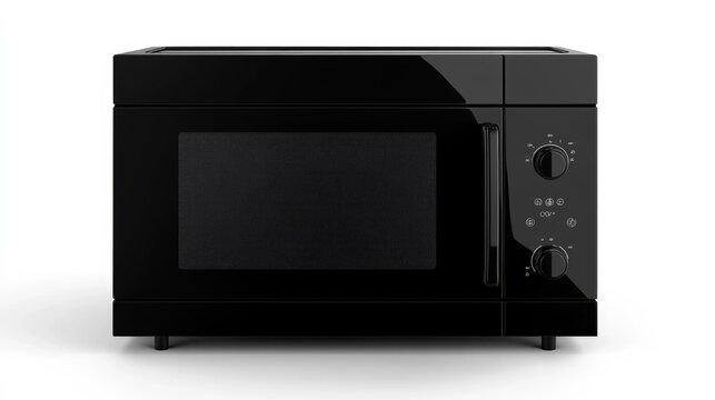 Modern black microwave oven on a white background front view with control dials. Generative AI