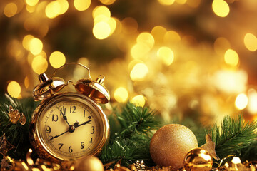 Clock on top of a Christmas tree, showing 5 minutes to midnight. Twinkling lights illuminate the...