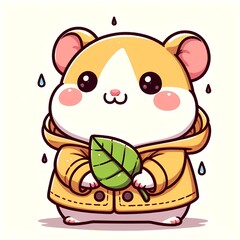 Cute Hamster Wearing Raincoat And Holding Leaf Cartoon Vector Icon Illustration
