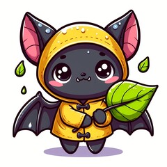Obraz premium Cute Bat Wearing Raincoat And Holding Leaf Cartoon Vector Icon Illustration