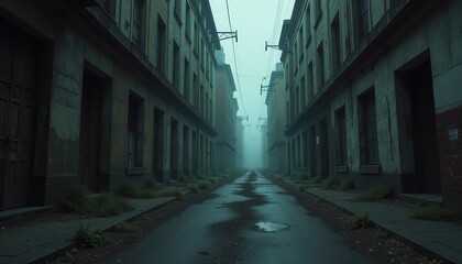 Fototapeta premium Mysterious dark alley surrounded by abandoned buildings with tall shadows stretching across the ground and a sense of something lurking nearby.