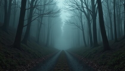 Fototapeta premium Dismal forest path bathed in fog and darkness where every step seems to get heavier as the unseen creatures of the woods watch silently.
