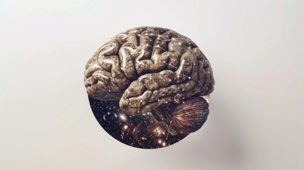 a human brain enshrined within a celestial sphere, with constellations mapped across its surface and galaxies swirling within its confines