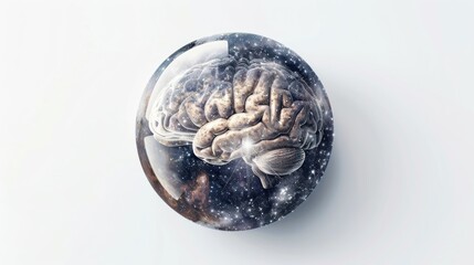 a human brain enshrined within a celestial sphere, with constellations mapped across its surface and galaxies swirling within its confines