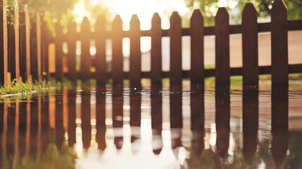 Backyard with standing water reflecting the surrounding trees and sky, capturing the serene beauty of nature's reflection and the tranquility of a still moment.