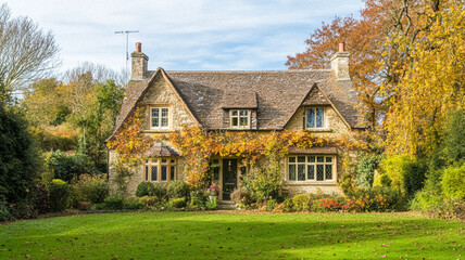 Autumn cottage in the English countryside style, old village architecture, autumnal nature beauty © Anneleven