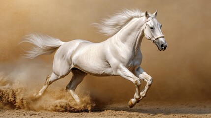 Obraz premium A majestic white horse galloping through a sandy landscape, showcasing strength and grace.