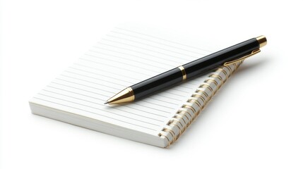 Naklejka premium Black and gold pen placed on a spiral-bound notepad with lined paper isolated on a white background. Generative AI