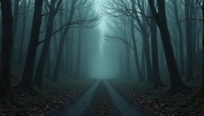 Fototapeta premium Creepy misty pathway leading deep into a forbidden dark wood where every sound feels amplified and something watches from the shadows.