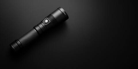 Fototapeta premium Black metal flashlight lying on dark background