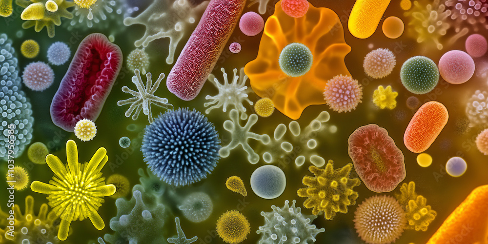 Poster Microscopic view of bacteria and viruses floating around