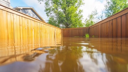 Backyard with standing water reflecting the surrounding trees and sky, capturing the serene beauty of nature's reflection and the tranquility of a still moment.