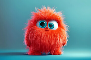 Fototapeta premium A cute, furry orange creature with big eyes standing against a blue background.